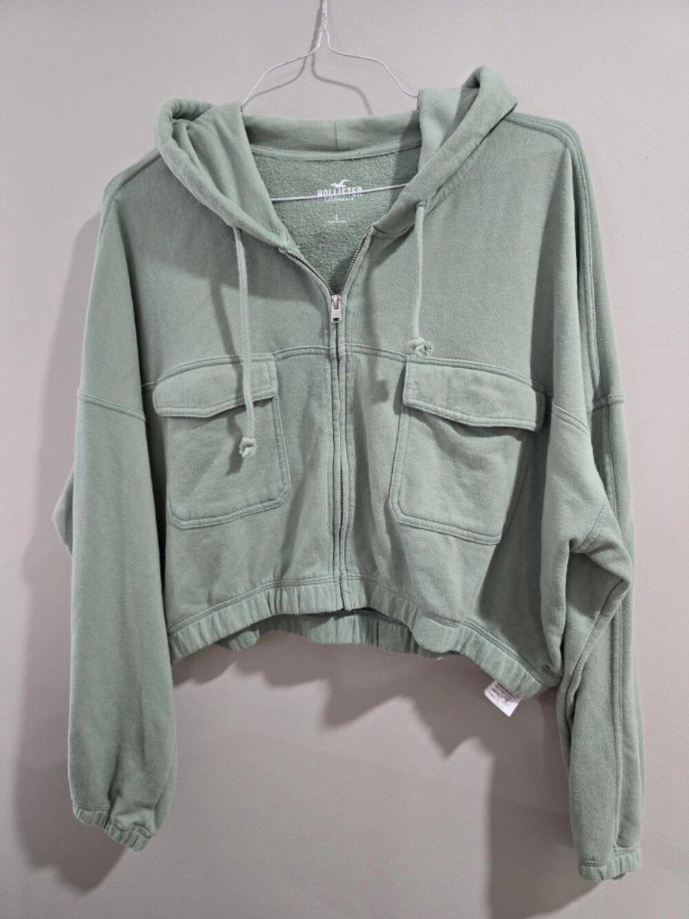 Ladies Hollister Crop Green Hoodie Large Y2K Style Full Zip Hooded Sweatshirt